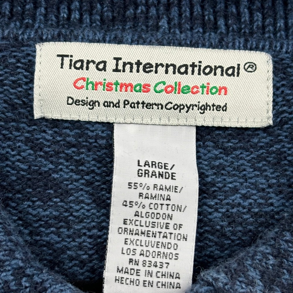 VTG Tiara International Christmas Santa Sweater Women L Blue Ramie Full Zip - Picture 9 of 16